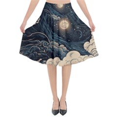 Starry Sky Moon Space Cosmic Galaxy Nature Art Clouds Art Nouveau Abstract Flared Midi Skirt