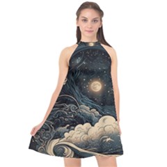 Starry Sky Moon Space Cosmic Galaxy Nature Art Clouds Art Nouveau Abstract Halter Neckline Chiffon Dress  by Posterlux