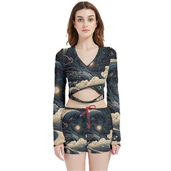 Starry Sky Moon Space Cosmic Galaxy Nature Art Clouds Art Nouveau Abstract Velvet Wrap Crop Top And Shorts Set