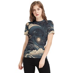 Starry Sky Moon Space Cosmic Galaxy Nature Art Clouds Art Nouveau Abstract Women s Short Sleeve Rash Guard