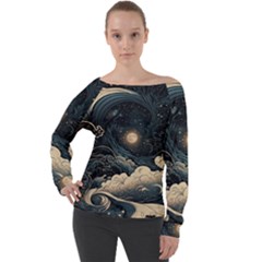 Starry Sky Moon Space Cosmic Galaxy Nature Art Clouds Art Nouveau Abstract Off Shoulder Long Sleeve Velour Top by Posterlux