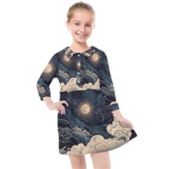 Starry Sky Moon Space Cosmic Galaxy Nature Art Clouds Art Nouveau Abstract Kids  Quarter Sleeve Shirt Dress