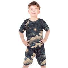 Starry Sky Moon Space Cosmic Galaxy Nature Art Clouds Art Nouveau Abstract Kids  T-shirt And Shorts Set