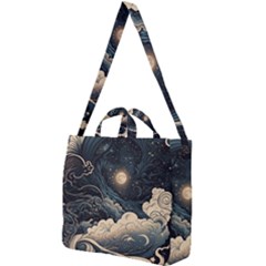 Starry Sky Moon Space Cosmic Galaxy Nature Art Clouds Art Nouveau Abstract Square Shoulder Tote Bag by Posterlux