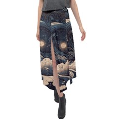 Starry Sky Moon Space Cosmic Galaxy Nature Art Clouds Art Nouveau Abstract Velour Split Maxi Skirt