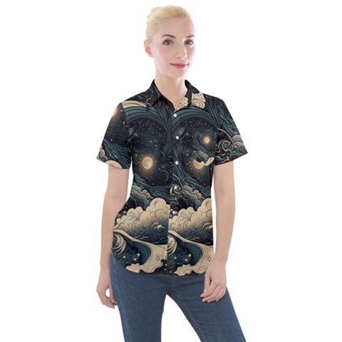 Starry Sky Moon Space Cosmic Galaxy Nature Art Clouds Art Nouveau Abstract Women s Short Sleeve Pocket Shirt by Posterlux