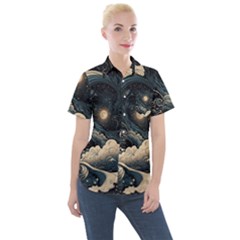 Starry Sky Moon Space Cosmic Galaxy Nature Art Clouds Art Nouveau Abstract Women s Short Sleeve Pocket Shirt