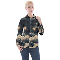 Starry Sky Moon Space Cosmic Galaxy Nature Art Clouds Art Nouveau Abstract Women s Long Sleeve Pocket Shirt