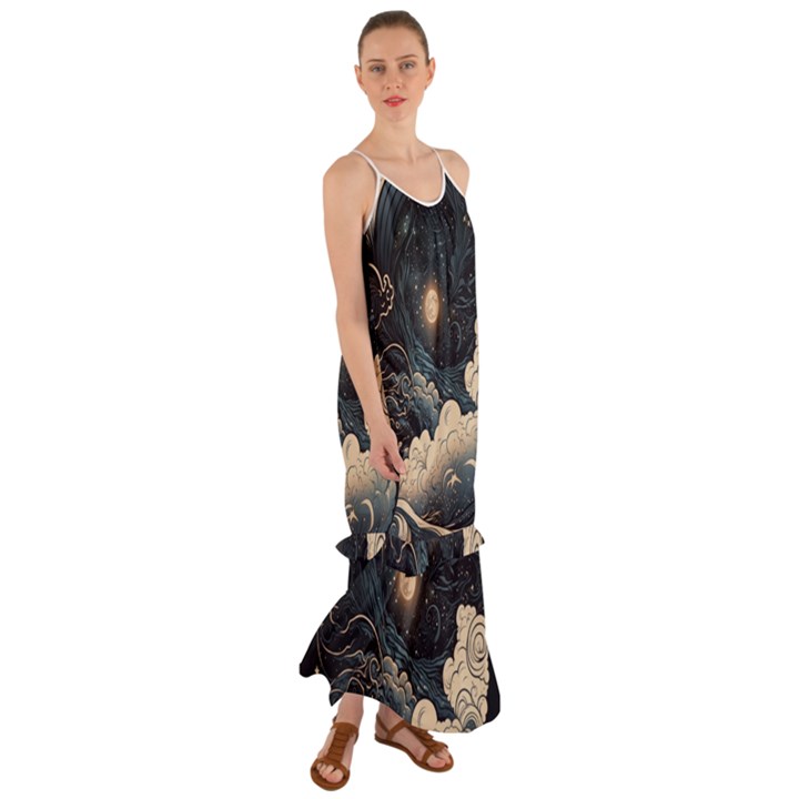 Starry Sky Moon Space Cosmic Galaxy Nature Art Clouds Art Nouveau Abstract Cami Maxi Ruffle Chiffon Dress