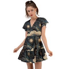 Starry Sky Moon Space Cosmic Galaxy Nature Art Clouds Art Nouveau Abstract Flutter Sleeve Wrap Dress by Posterlux