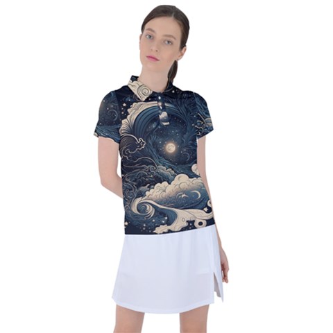 Starry Sky Moon Space Cosmic Galaxy Nature Art Clouds Art Nouveau Abstract Women s Polo T-shirt by Posterlux