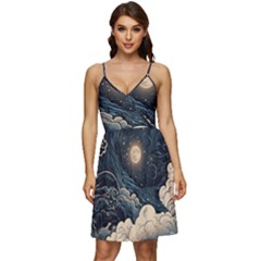 Starry Sky Moon Space Cosmic Galaxy Nature Art Clouds Art Nouveau Abstract V-neck Pocket Summer Dress  by Posterlux