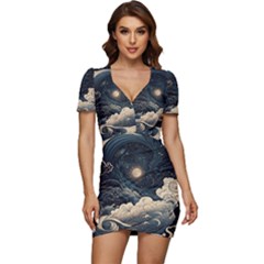 Starry Sky Moon Space Cosmic Galaxy Nature Art Clouds Art Nouveau Abstract Low Cut Cap Sleeve Mini Dress by Posterlux