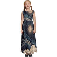 Starry Sky Moon Space Cosmic Galaxy Nature Art Clouds Art Nouveau Abstract Kids  Satin Sleeveless Maxi Dress by Posterlux