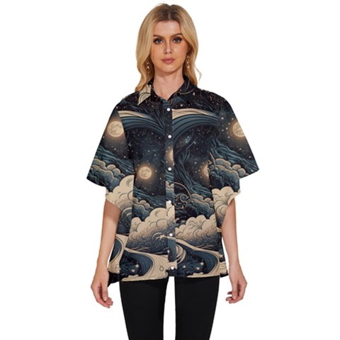 Starry Sky Moon Space Cosmic Galaxy Nature Art Clouds Art Nouveau Abstract Women s Batwing Button Up Shirt by Posterlux