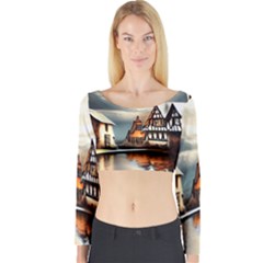 Village Reflections Snow Sky Dramatic Town House Cottages Pond Lake City Long Sleeve Crop Top by Posterlux