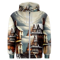 Village Reflections Snow Sky Dramatic Town House Cottages Pond Lake City Men s Zipper Hoodie by Posterlux