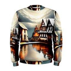 Village Reflections Snow Sky Dramatic Town House Cottages Pond Lake City Men s Sweatshirt by Posterlux