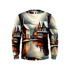 Village Reflections Snow Sky Dramatic Town House Cottages Pond Lake City Kids  Sweatshirt