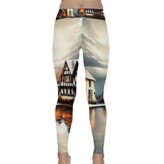 Village Reflections Snow Sky Dramatic Town House Cottages Pond Lake City Classic Yoga Leggings by Posterlux