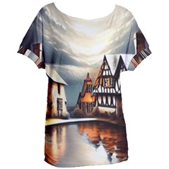 Village Reflections Snow Sky Dramatic Town House Cottages Pond Lake City Women s Oversized T-shirt by Posterlux