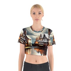 Village Reflections Snow Sky Dramatic Town House Cottages Pond Lake City Cotton Crop Top by Posterlux