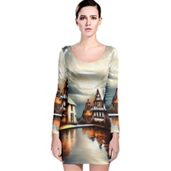 Village Reflections Snow Sky Dramatic Town House Cottages Pond Lake City Long Sleeve Velvet Bodycon Dress