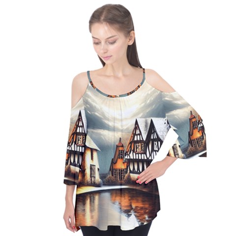 Village Reflections Snow Sky Dramatic Town House Cottages Pond Lake City Flutter Sleeve T-shirt  by Posterlux