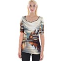 Village Reflections Snow Sky Dramatic Town House Cottages Pond Lake City Wide Neckline T-Shirt View1