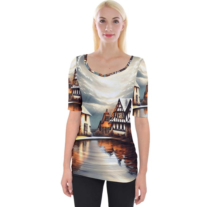 Village Reflections Snow Sky Dramatic Town House Cottages Pond Lake City Wide Neckline T-Shirt