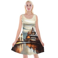 Village Reflections Snow Sky Dramatic Town House Cottages Pond Lake City Reversible Velvet Sleeveless Dress