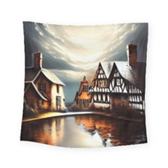 Village Reflections Snow Sky Dramatic Town House Cottages Pond Lake City Square Tapestry (small)