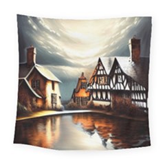 Village Reflections Snow Sky Dramatic Town House Cottages Pond Lake City Square Tapestry (large)