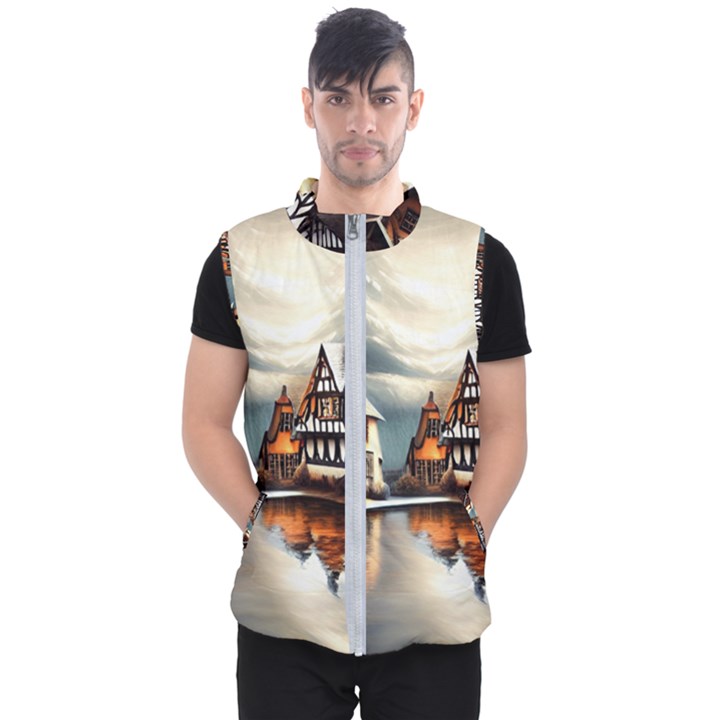 Village Reflections Snow Sky Dramatic Town House Cottages Pond Lake City Men s Puffer Vest