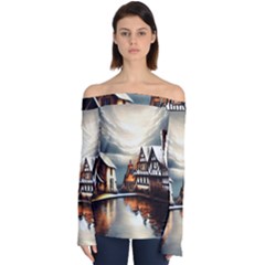 Village Reflections Snow Sky Dramatic Town House Cottages Pond Lake City Off Shoulder Long Sleeve Top by Posterlux