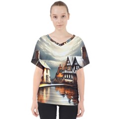 Village Reflections Snow Sky Dramatic Town House Cottages Pond Lake City V-neck Dolman Drape Top by Posterlux