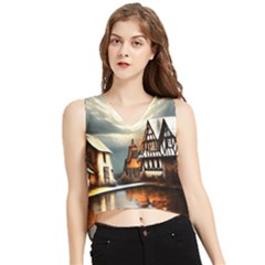 Village Reflections Snow Sky Dramatic Town House Cottages Pond Lake City V-neck Cropped Tank Top by Posterlux