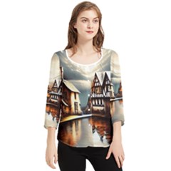 Village Reflections Snow Sky Dramatic Town House Cottages Pond Lake City Chiffon Quarter Sleeve Blouse by Posterlux