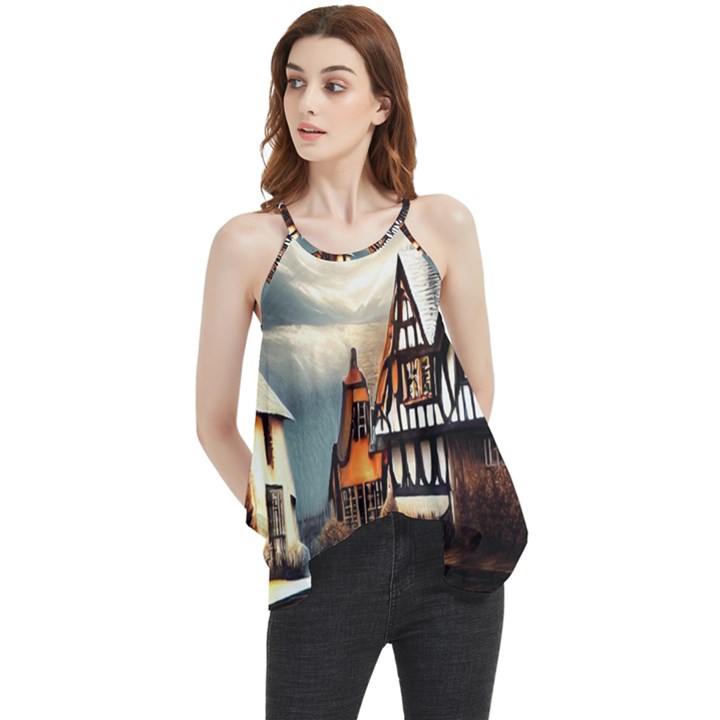 Village Reflections Snow Sky Dramatic Town House Cottages Pond Lake City Flowy Camisole Tank Top