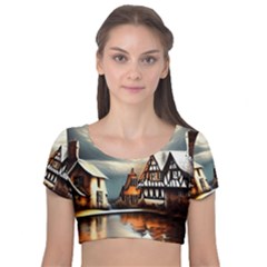 Village Reflections Snow Sky Dramatic Town House Cottages Pond Lake City Velvet Short Sleeve Crop Top  by Posterlux