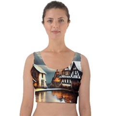 Village Reflections Snow Sky Dramatic Town House Cottages Pond Lake City Velvet Crop Top by Posterlux