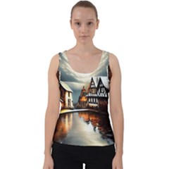 Village Reflections Snow Sky Dramatic Town House Cottages Pond Lake City Velvet Tank Top by Posterlux