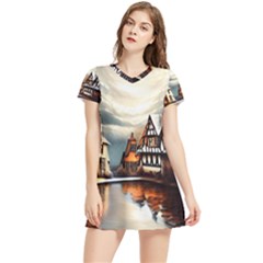 Village Reflections Snow Sky Dramatic Town House Cottages Pond Lake City Women s Sports Skirt by Posterlux