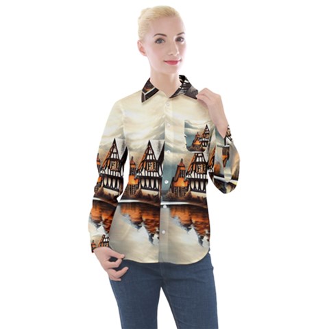 Village Reflections Snow Sky Dramatic Town House Cottages Pond Lake City Women s Long Sleeve Pocket Shirt by Posterlux