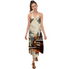 Village Reflections Snow Sky Dramatic Town House Cottages Pond Lake City Halter Tie Back Dress  by Posterlux