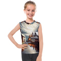 Village Reflections Snow Sky Dramatic Town House Cottages Pond Lake City Kids  Mesh Tank Top by Posterlux