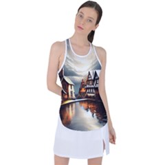 Village Reflections Snow Sky Dramatic Town House Cottages Pond Lake City Racer Back Mesh Tank Top by Posterlux