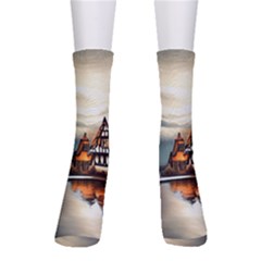 Village Reflections Snow Sky Dramatic Town House Cottages Pond Lake City Crew Socks by Posterlux