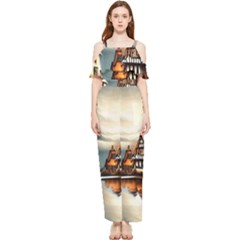 Village Reflections Snow Sky Dramatic Town House Cottages Pond Lake City Draped Sleeveless Chiffon Jumpsuit by Posterlux