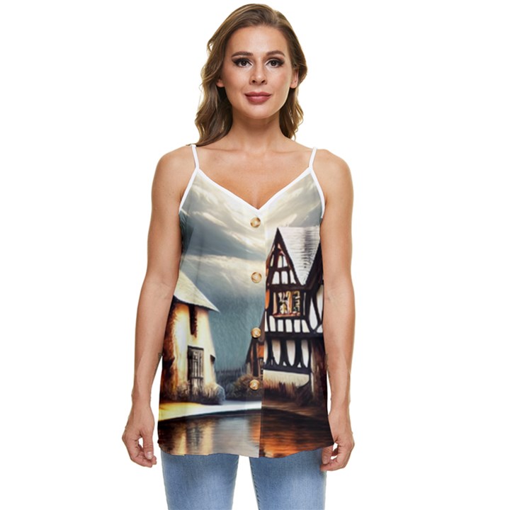 Village Reflections Snow Sky Dramatic Town House Cottages Pond Lake City Casual Spaghetti Strap Chiffon Top